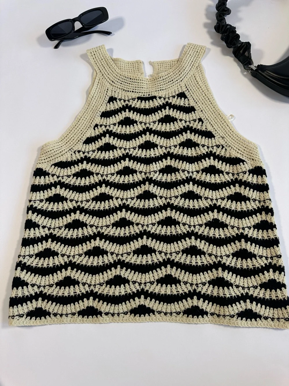 LOFT Black & Cream Crocheted Wave Tank